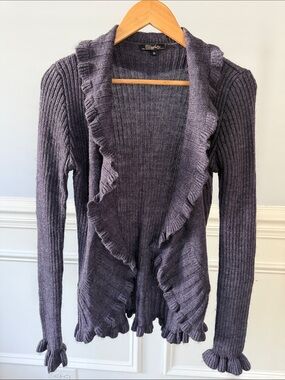 Elisabetta Collection Ruffle Cardigan Womens M Purple Ribbed Knit Made Italy